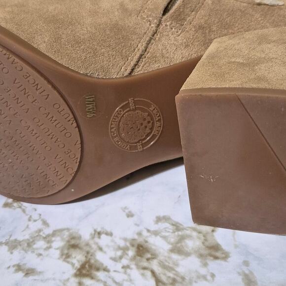 Vince Camuto Suede Ankle Boots Womens 9 1/2 M Pailey Camel Tan Block Heel Zip - Picture 10 of 11